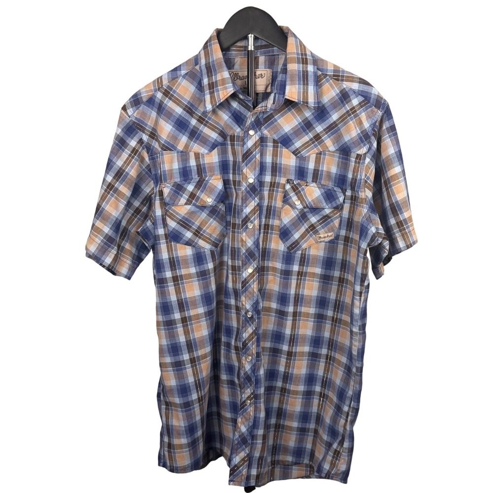 Wrancher by Wrangler Mens LT Blue Brown Plaid Pearl Snap Western Shirt Metallic